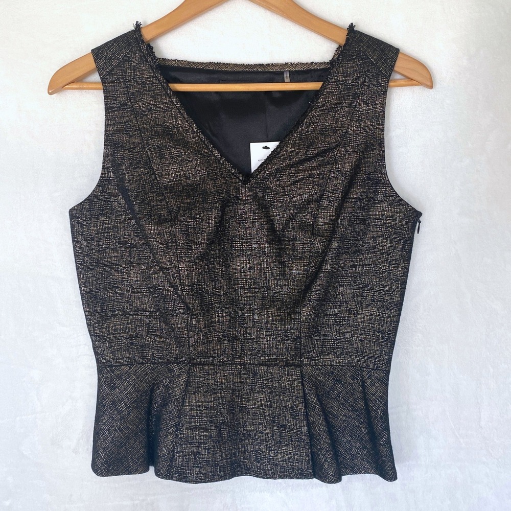 Tahari Addyson Blouse Black Gold Metallic Holiday Party Peplum Sleeveless New S
